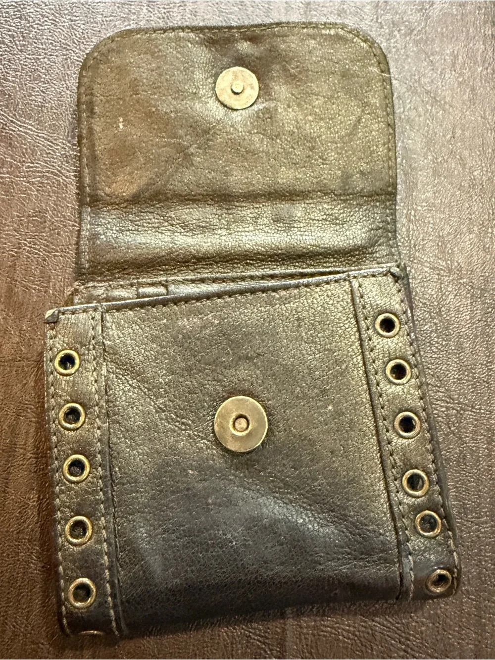 Vintage Betsey Johnson Studded Leather Trifold Wallet Olive Green